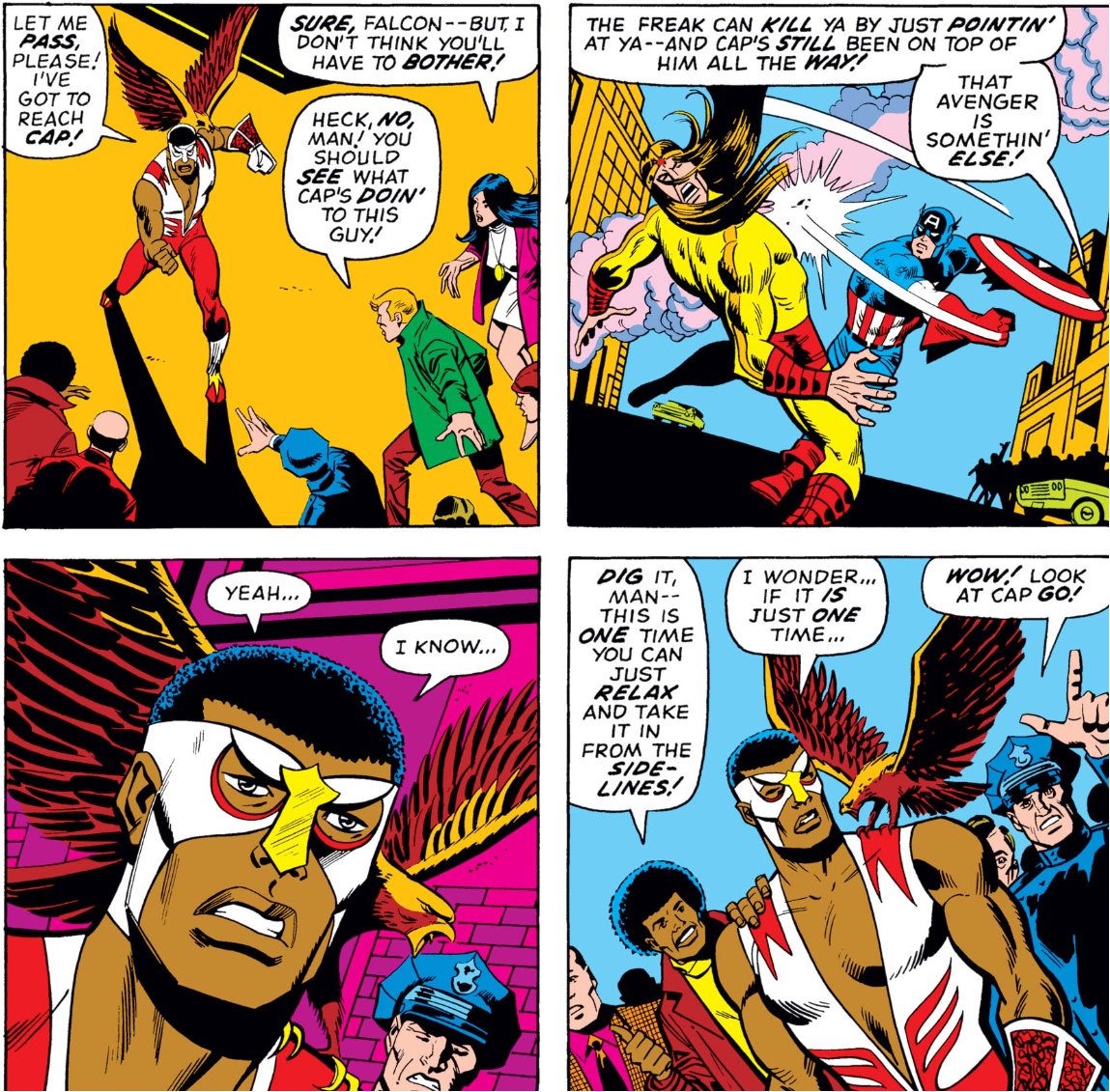 MarvelADay's tweet photo. #MarvelADay #Cap160
The Falcon finally arrives on the scene, but Captain America appears to be beating the tar out of Solarr with no need for any help from Mama Wilson's baby boy. It does not do wonders for the poor man's confidence.
JH https://t.co/ba63uc9BWE
