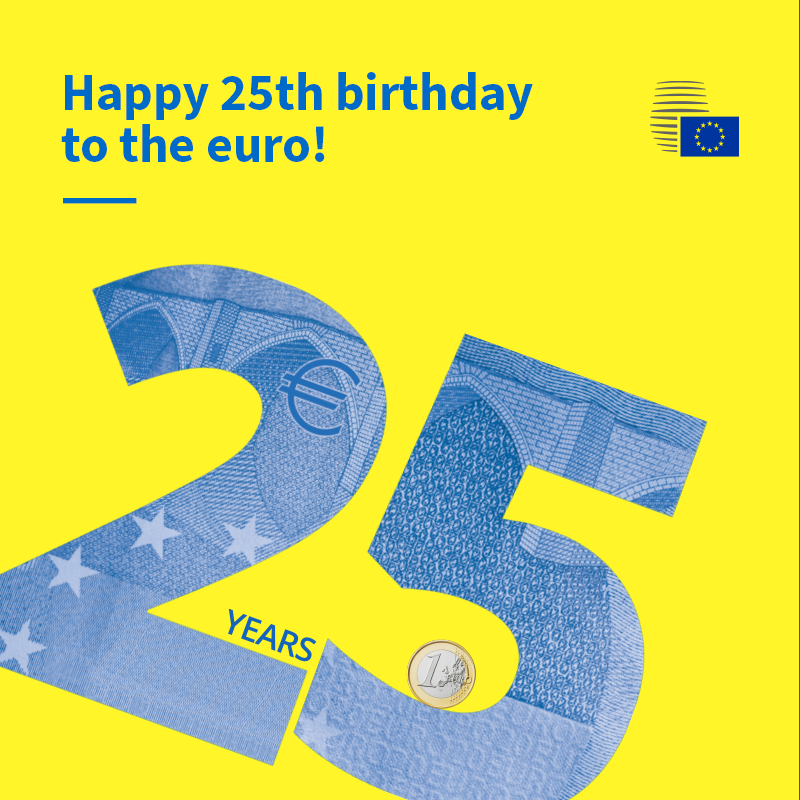 EUCouncil's tweet photo. Happy birthday 💶

25 years ago, 11 EU countries launched a new common currency: the #euro.

It has been making life easier for 350 million people in 20 EU countries ever since.

🔍 Check out more interesting facts about #EUROat25 here https://t.co/yZfuP8ip2D