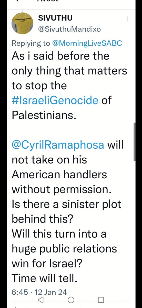 SivuthuMandixo's tweet image. I said from the start it's  a waste of time &amp;amp; money becos even if SA win (they won't) Israel will not stop ore genocide.
They dont even listen to the UN why would it listen to the ICJ?
Cyril just created a platform for Israel to spread its propaganda to millions.
#PuppetPresident