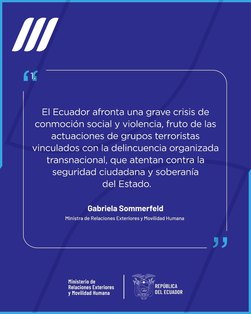 CancilleriaEc's tweet photo. En la reunión extraordinaria con la @OEA_oficial, Ecuador agradece su respaldo y el de países vecinos en la defensa de la democracia y la paz social. La Canciller @gabisommerfeld destaca la importancia del apoyo regional ante la grave crisis. 🇪🇨🌎 https://t.co/cj4cXvajrA