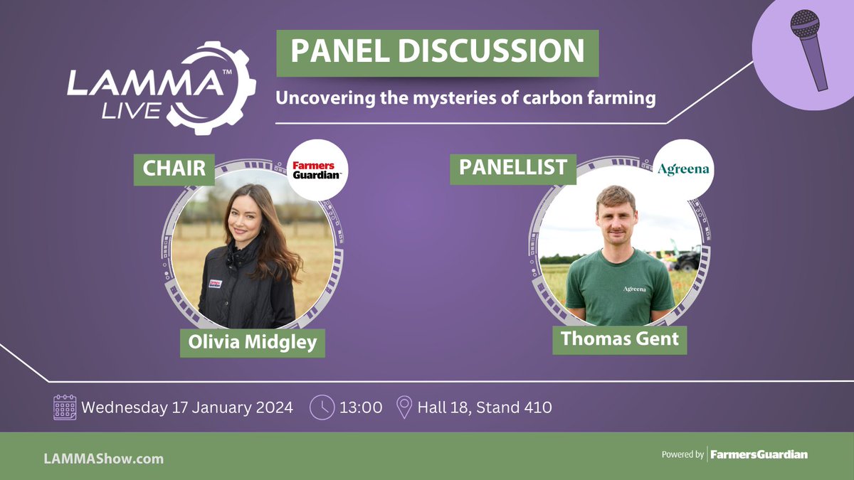 🎤 LAMMA LIVE: Speaker announcement 🎤

Join @FarmersGuardian editor @FGoliviamidgley as she chairs the @AgreenaApp panel ➡️ Carbon Farming: Investigating the new normal 

📅 Wednesday 17 January, 2024
⏰ 1pm 

View the full timetable 👉 bit.ly/48JqtbL