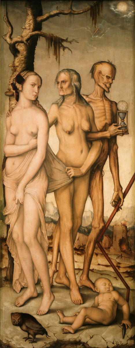 Hans Baldung Grien's "Three Ages of the Woman and the Death" is a metaphorical representation of the life cycle. 
In the background, there is a gloomy atmosphere, traces of war and the pressure of demons on people. The beginning of this chaotic process is depicted as a baby