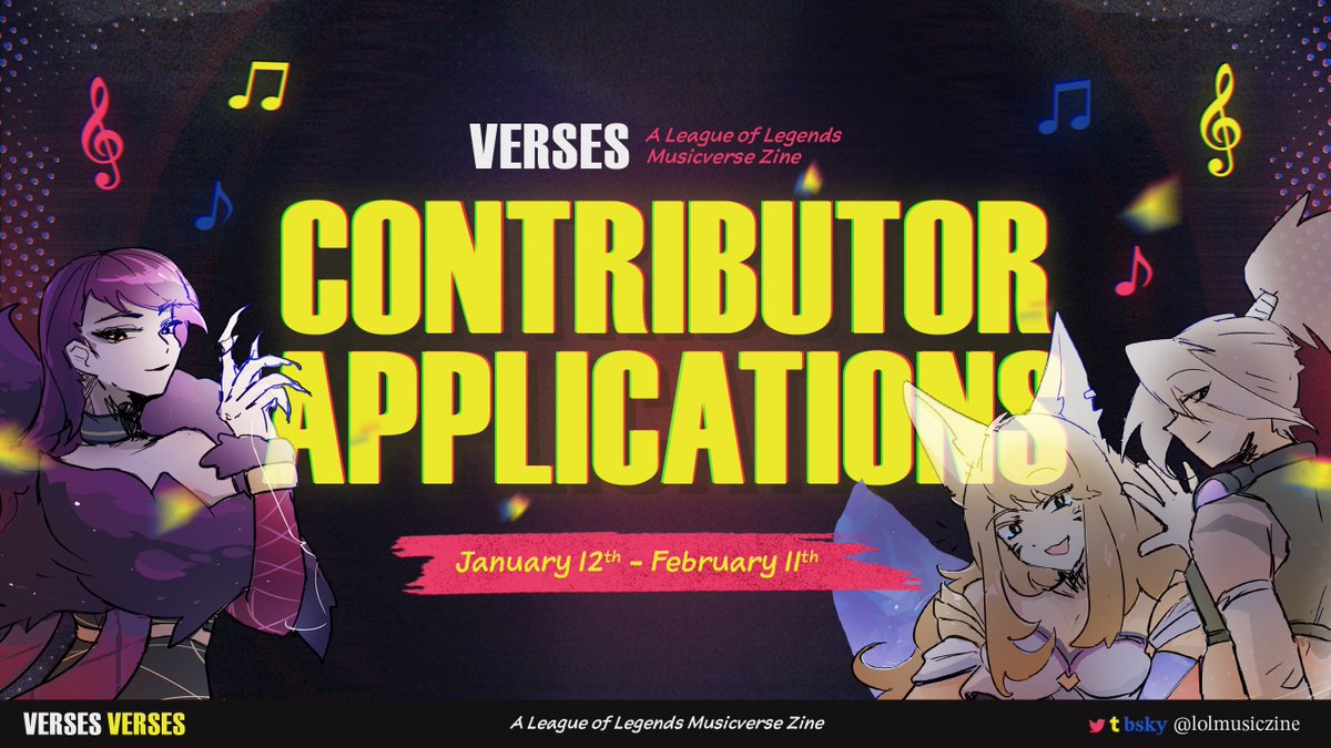 lolmusiczine's tweet photo. ⚡️ CONTRIBUTOR APPS: OPEN ⚡️ 

t's time to rumble! Join us for the ultimate battle of the bands, featuring all your favorite artists &amp; verses from across Runeterra.

🎸 Applications for Verses: A League of Legends Musicverse Zine are now OPEN – Jan 12 to Feb 11. 
⏬ Links below! https://t.co/vHrOmv2lgm