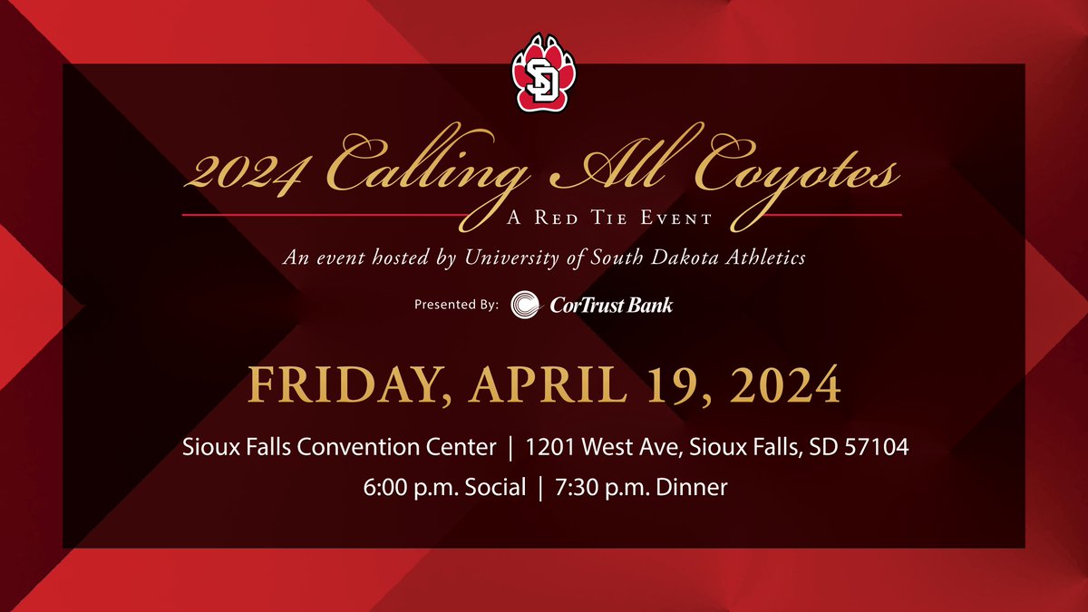 Mark your calendars! 🎉The 2024 Calling All Coyotes - A Red Tie Event is set for April 19 at the <a href="/SiouxFallsCC/">Convention Center at Denny Sanford PREMIER Center</a>! 

Reserved tables are now available for purchase! Visit the link below for more details! 

usdalumni.com/events/2024-ca…