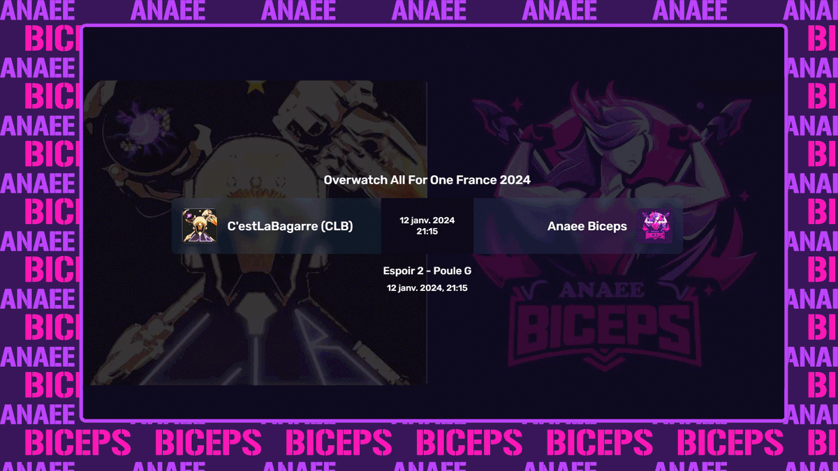 Anaee Biceps (@anaeebiceps) on Twitter photo Les Biceps de retour pour la bagarre du Stage 1 de l'#OAFO7 ! 💪
Le premier match ce soir 21h15 ! (non casté)
Contre C'estLaBagarre (CLB)
<a href="/PlayAllForOneFR/">Overwatch AllForOne France</a> #StayStrong 💪 Les Biceps de retour pour la bagarre du Stage 1 de l'#OAFO7 ! 💪
Le premier match ce soir 21h15 ! (non casté)
Contre C'estLaBagarre (CLB)
<a href="/PlayAllForOneFR/">Overwatch AllForOne France</a> #StayStrong 💪