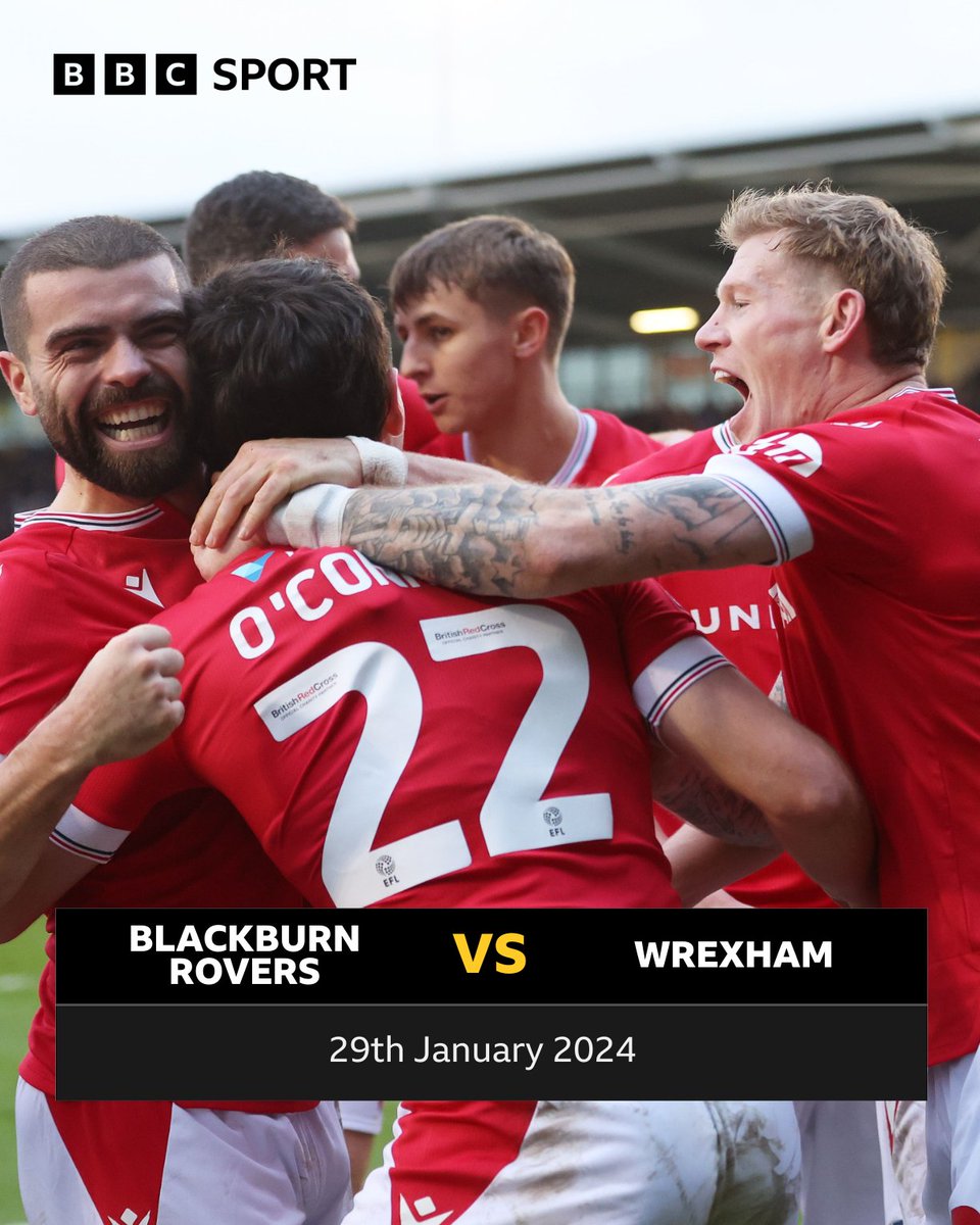 BBCSportWales's tweet photo. We'll have live coverage of Wrexham's #FACup fourth round match against Championship side Blackburn Rovers later this month! 🔥

You won't want to miss it 👀

🔵⚪️ Blackburn Rovers v Wrexham 🔴⚪️ 

📺 Live on @BBCWales from 19:30

#BBCFootball | #WxmAFC https://t.co/ORo8JcJ8Mb