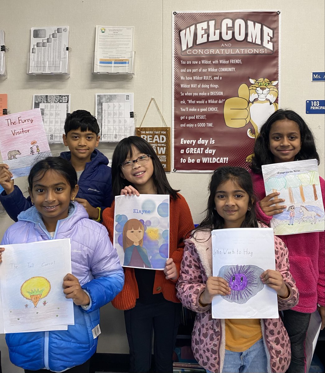 Young Author winners!
Grade 1 - "Spike Wants to Hug" Adya S.
Grade 2 - "The Tall Carrot" Aadya C.
Grade 3 - "Aranya and the Horses" Avika M.
Grade 4 - "The Furry Visitor" - Shlok P.
Grade 5 - "Elayne" - Mabel L.
Congratulations!