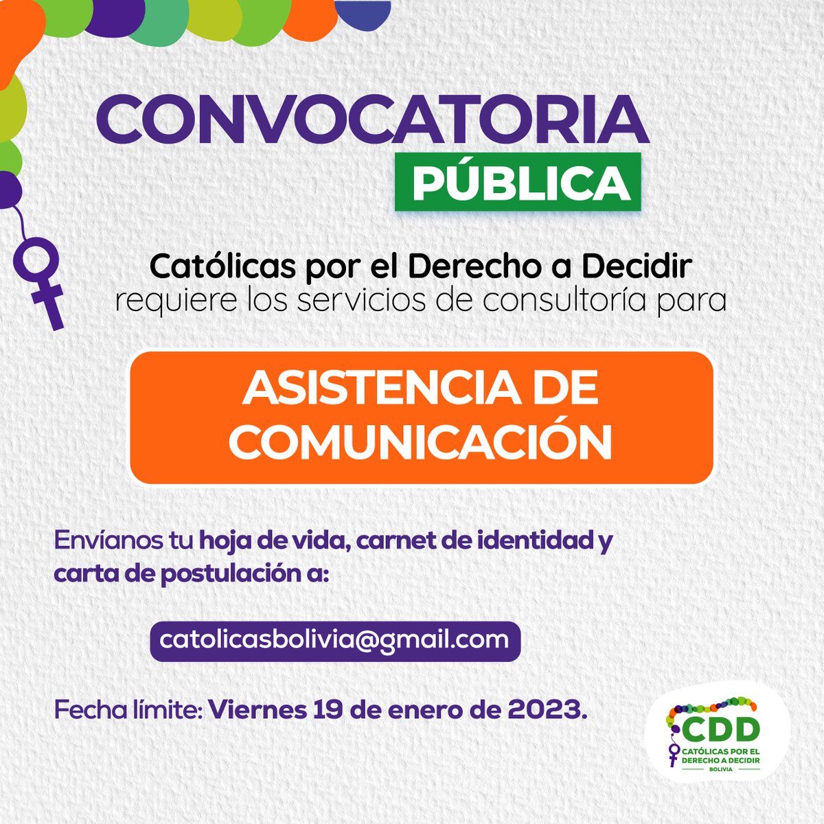 #ConvocatoriaPública

Católicas por el Derecho a Decidir está buscando un/a consultor/a para Asistencia de Comunicación. 

Para más información ingresa en el siguiente link ➡️ drive.google.com/file/d/1ia8QDO…

#católicasyfeministas