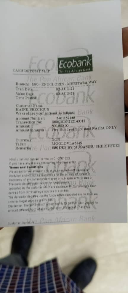 #ecobankthepanfricanbank  
Good day, 
I am mudasiru sheriffdeen Olayinka hereby reporting a man called Kaine Precious with account number 3401152148 who scammed  me of #500, 000 on the 2nd of August 2021. The receipt of the payment is hereby attached.