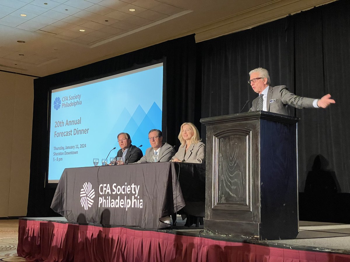 Teagray2018's tweet photo. I enjoyed attending the @CFAPHL 20th Annual Forecast Dinner with my colleagues at @GregoryFCA. The panelist offered such interesting predictions on AI, Bitcoin, Fed policy, and elections in 2024. Thank you all for sharing! https://t.co/nwiCOyUGHt