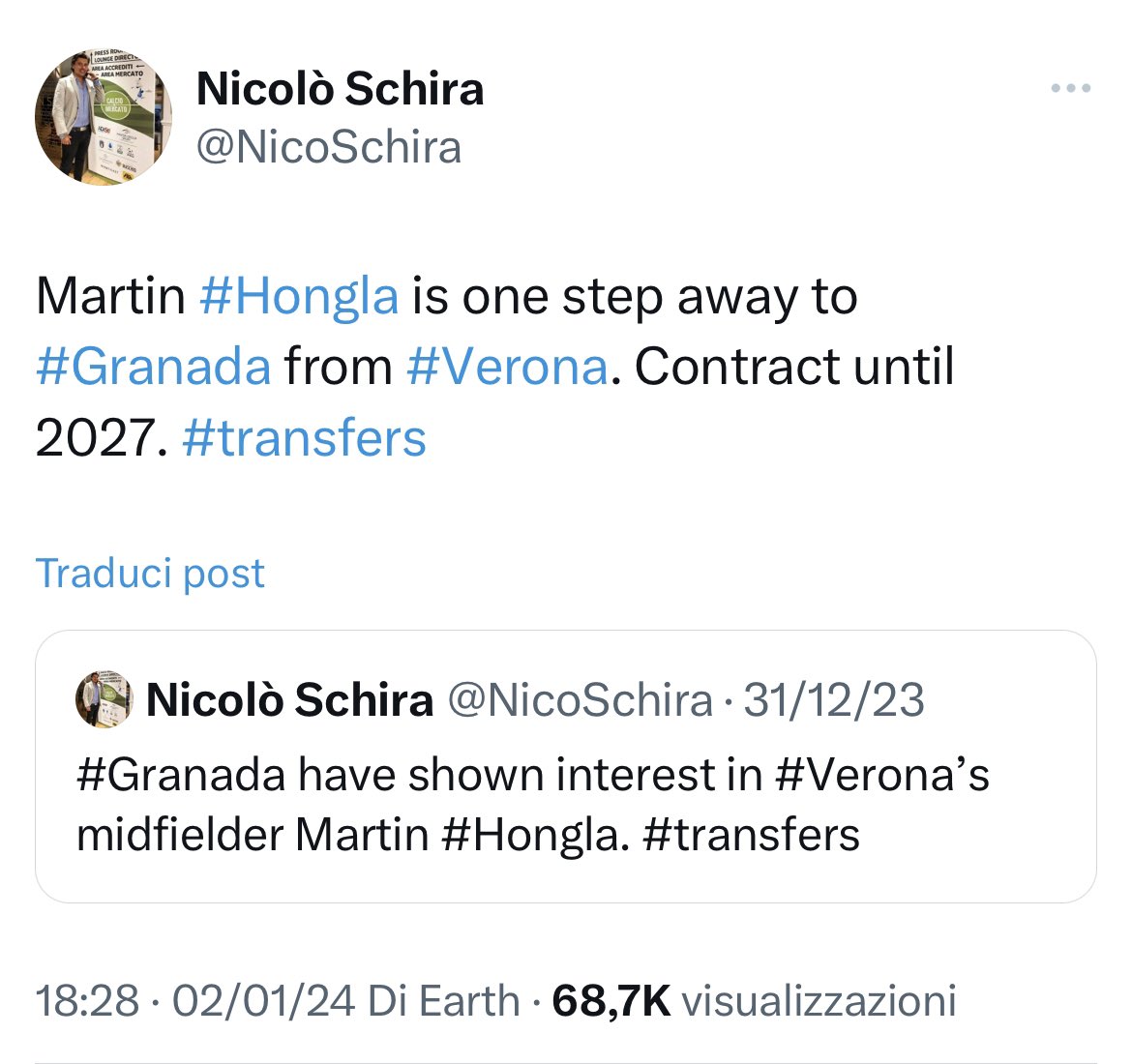 NicoSchira's tweet photo. Now it’s official! Martin #Hongla to #Granada from #Verona for €3M. Contract until 2027. No surprise here and confirmed since the last December 31st! #transfers https://t.co/4xbdleEGuG