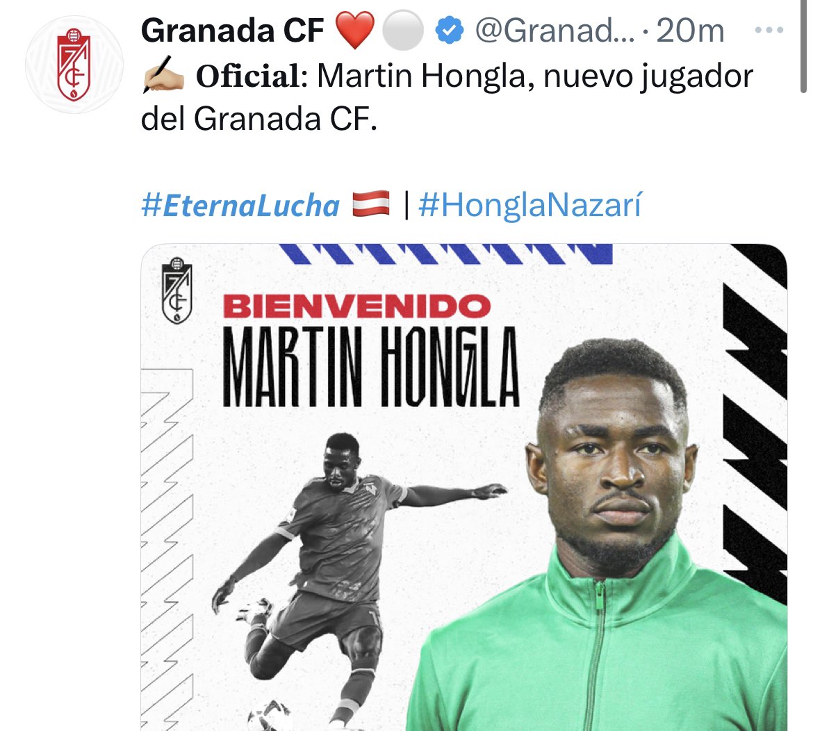 NicoSchira's tweet photo. Now it’s official! Martin #Hongla to #Granada from #Verona for €3M. Contract until 2027. No surprise here and confirmed since the last December 31st! #transfers https://t.co/4xbdleEGuG