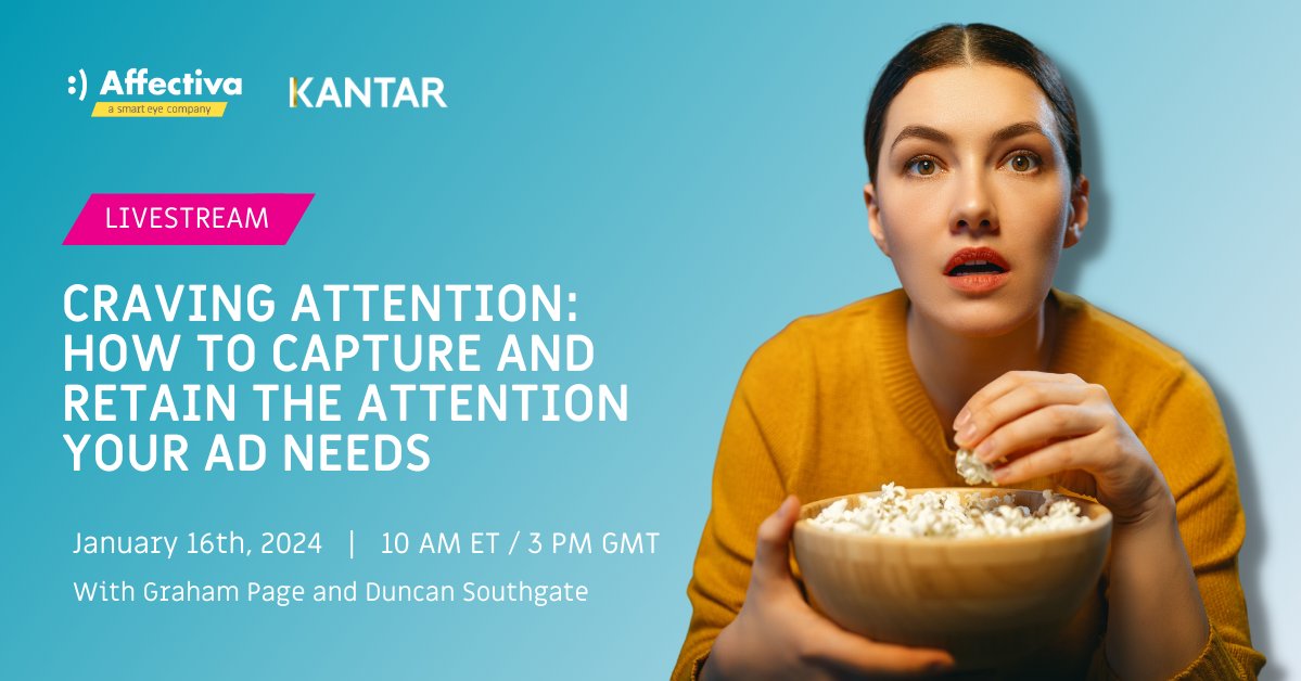 #SaveTheDate Join Affectiva & @Kantar live on January 16th at 10am ET as they explore the latest innovations in measuring visual attention. You'll discover how technologies like #facialcoding and #eyetracking provide unparalleled #insights into audience engagement. 📊 😎