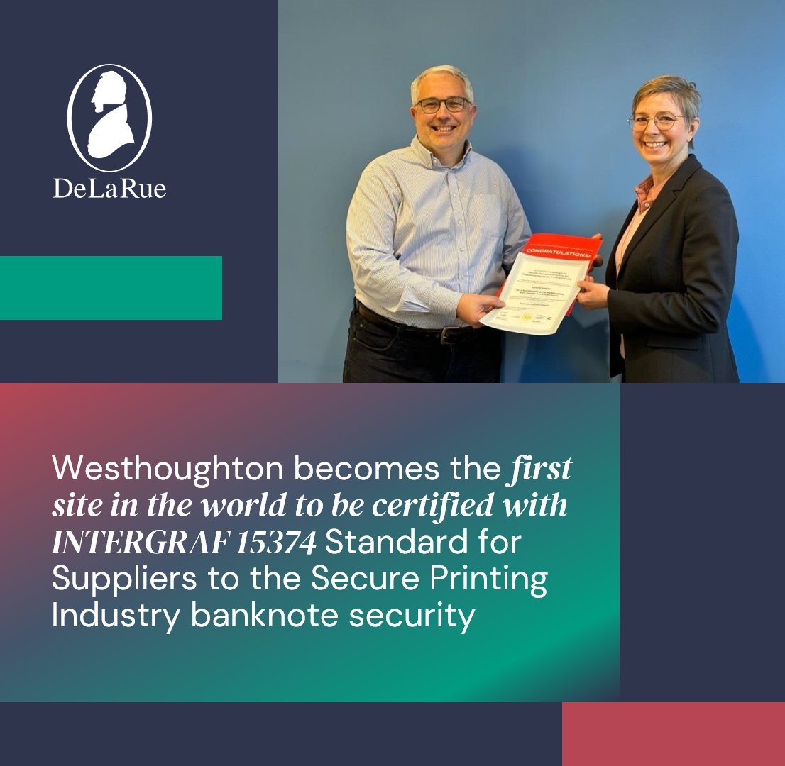 We are proud to announce that De La Rue has become the first company certified to the #Intergraf 15374 Standard for Suppliers to the Secure Printing Industry and consequently the first to offer the equivalent of ISO 14298 for our security features and SAFEGUARD® polymer substrate