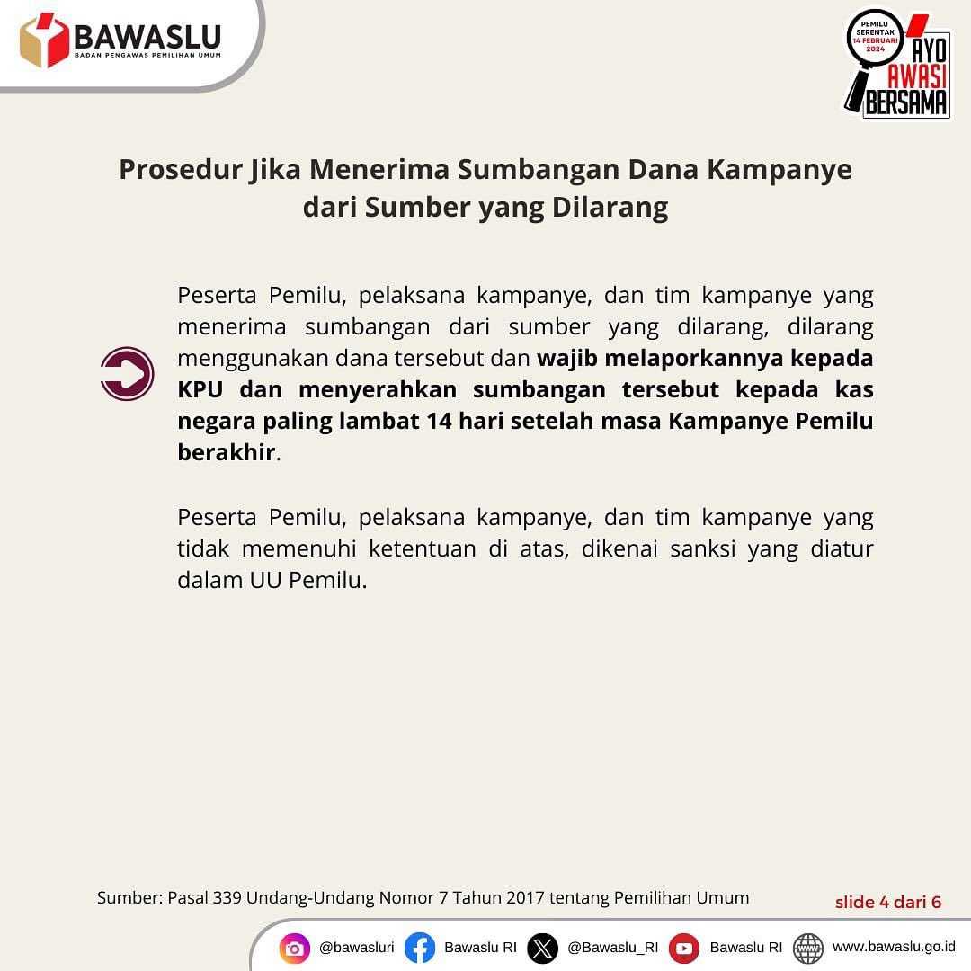 brynnclg's tweet photo. Waspada! Terima sumbangan dari sumber di atas bisa kena sanksi pidana. #SahabatBawaslu, anggaran negara untuk dana kampanye juga beresiko sanksi. Baca sampai slide terakhir, info penting!

#AyoAwasiBersama

#PemiluSerentak2024 https://t.co/LE1lWRf1Hm