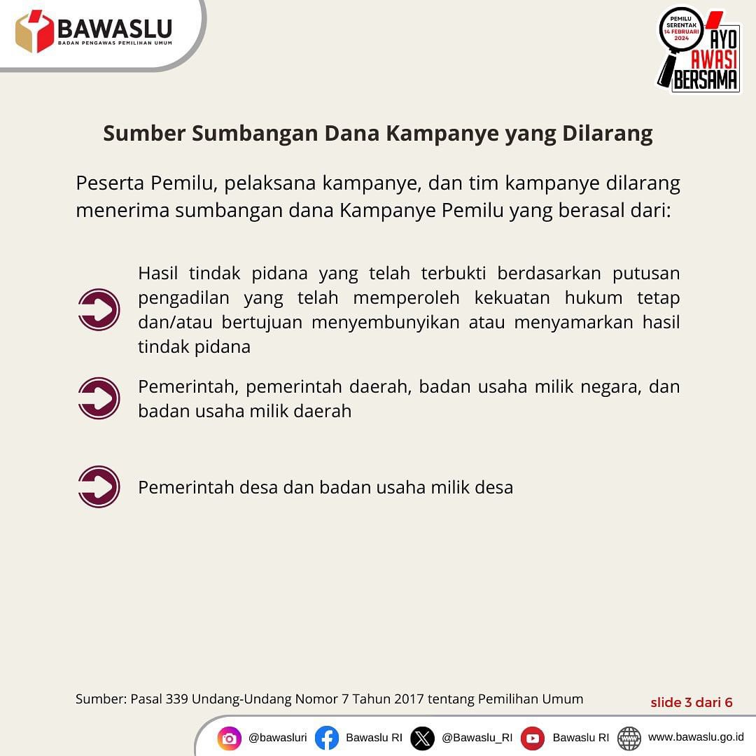 brynnclg's tweet photo. Waspada! Terima sumbangan dari sumber di atas bisa kena sanksi pidana. #SahabatBawaslu, anggaran negara untuk dana kampanye juga beresiko sanksi. Baca sampai slide terakhir, info penting!

#AyoAwasiBersama

#PemiluSerentak2024 https://t.co/LE1lWRf1Hm
