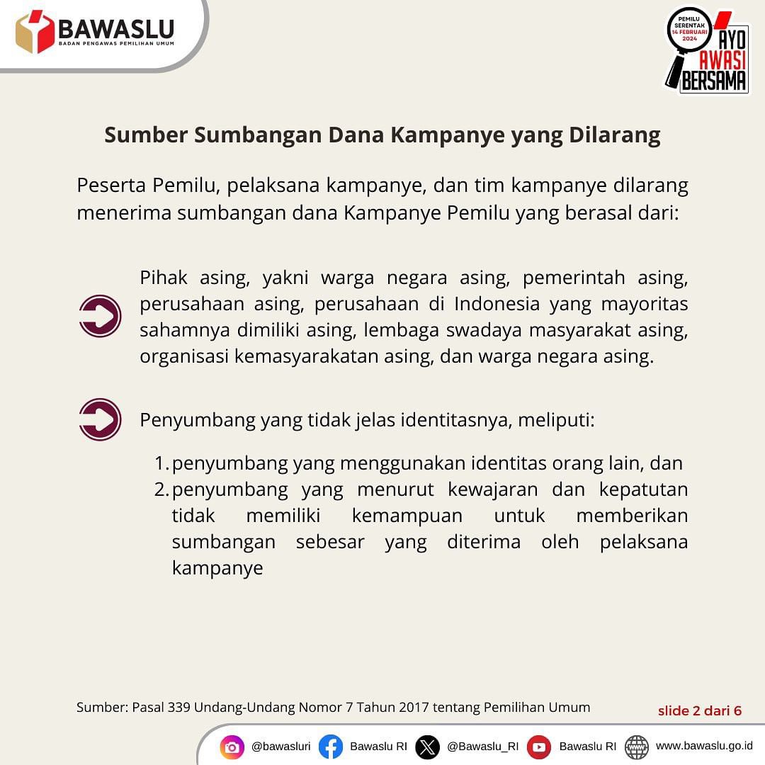 brynnclg's tweet photo. Waspada! Terima sumbangan dari sumber di atas bisa kena sanksi pidana. #SahabatBawaslu, anggaran negara untuk dana kampanye juga beresiko sanksi. Baca sampai slide terakhir, info penting!

#AyoAwasiBersama

#PemiluSerentak2024 https://t.co/LE1lWRf1Hm