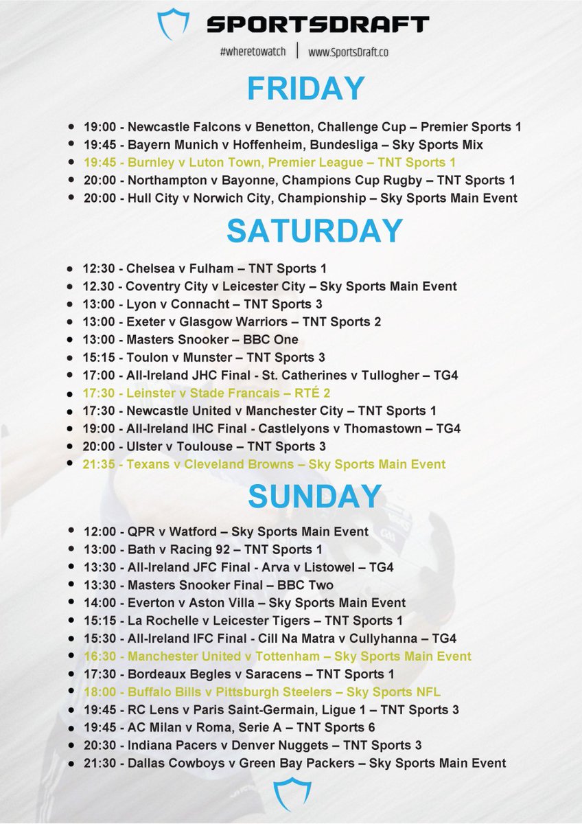 WheresTheScore's tweet photo. Check out this weekends Where to Watch for all the upcoming sporting action β½οΈπππβ³οΈπ
#ChampionsCup #Bundesliga #EFL #Championship #ChallengeCupRugby #PremierLeague #EPL #MastersSnooker #SportsDraft https://t.co/dBnWDxcdAe