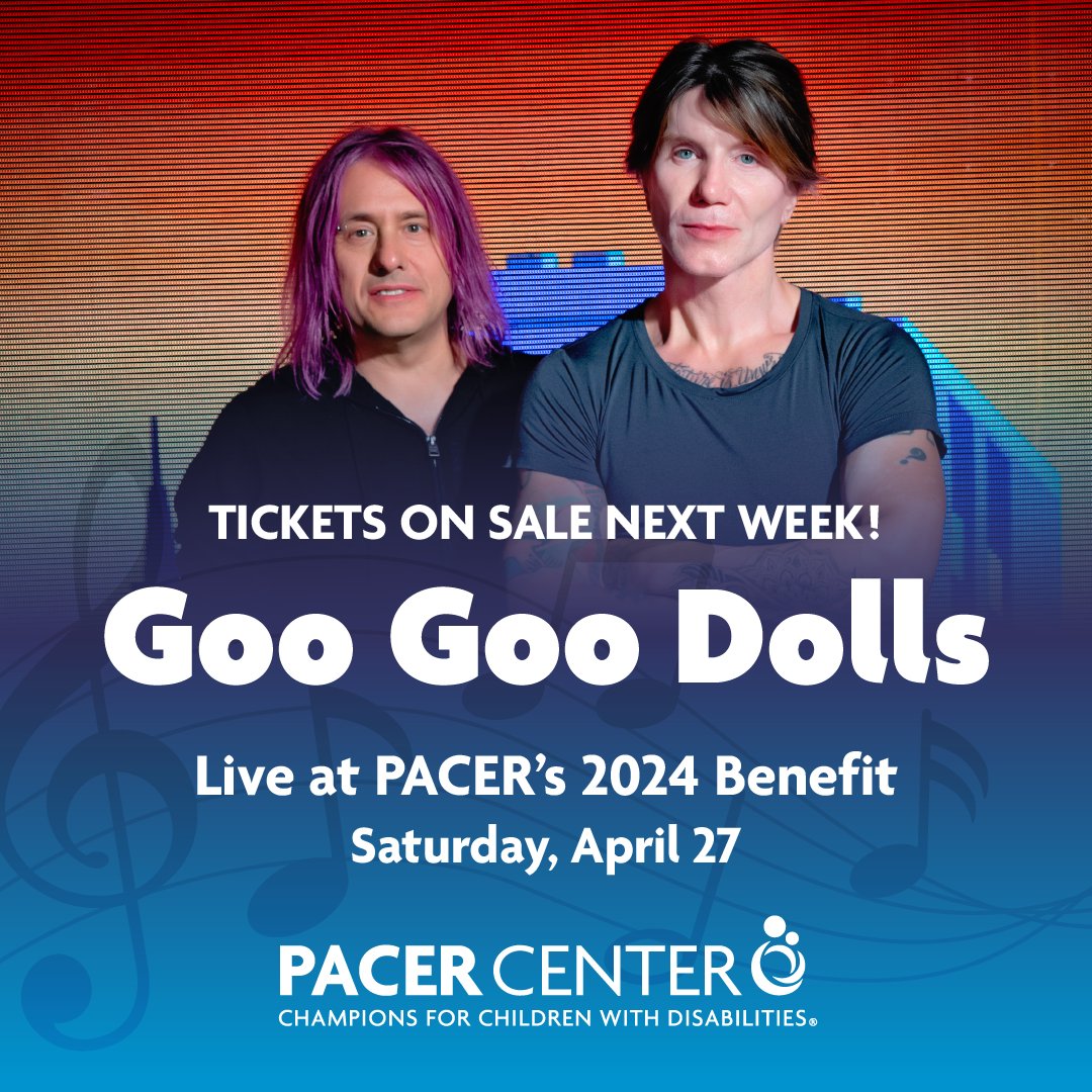 Don't miss the opportunity to experience @googoodolls live at PACER's annual Benefit on April 27! Tickets go on sale next week. Keep an eye on our page for the opening of ticket sales, event updates, and more. ow.ly/evHy50QqtXY #PACERBenefit #PACERCenter #GooGooDolls