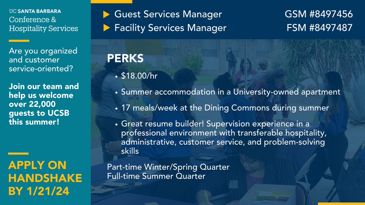 📣Join our team! Conference and Hospitality Services is currently hiring for two open positions:
     🔹Guest Services Manager #8497456
     🔹Facility Services Manager #8697487

👉Apply on handshake! 
Applications are open until January 21, 2024❗

#UCSB #ucsbgauchos