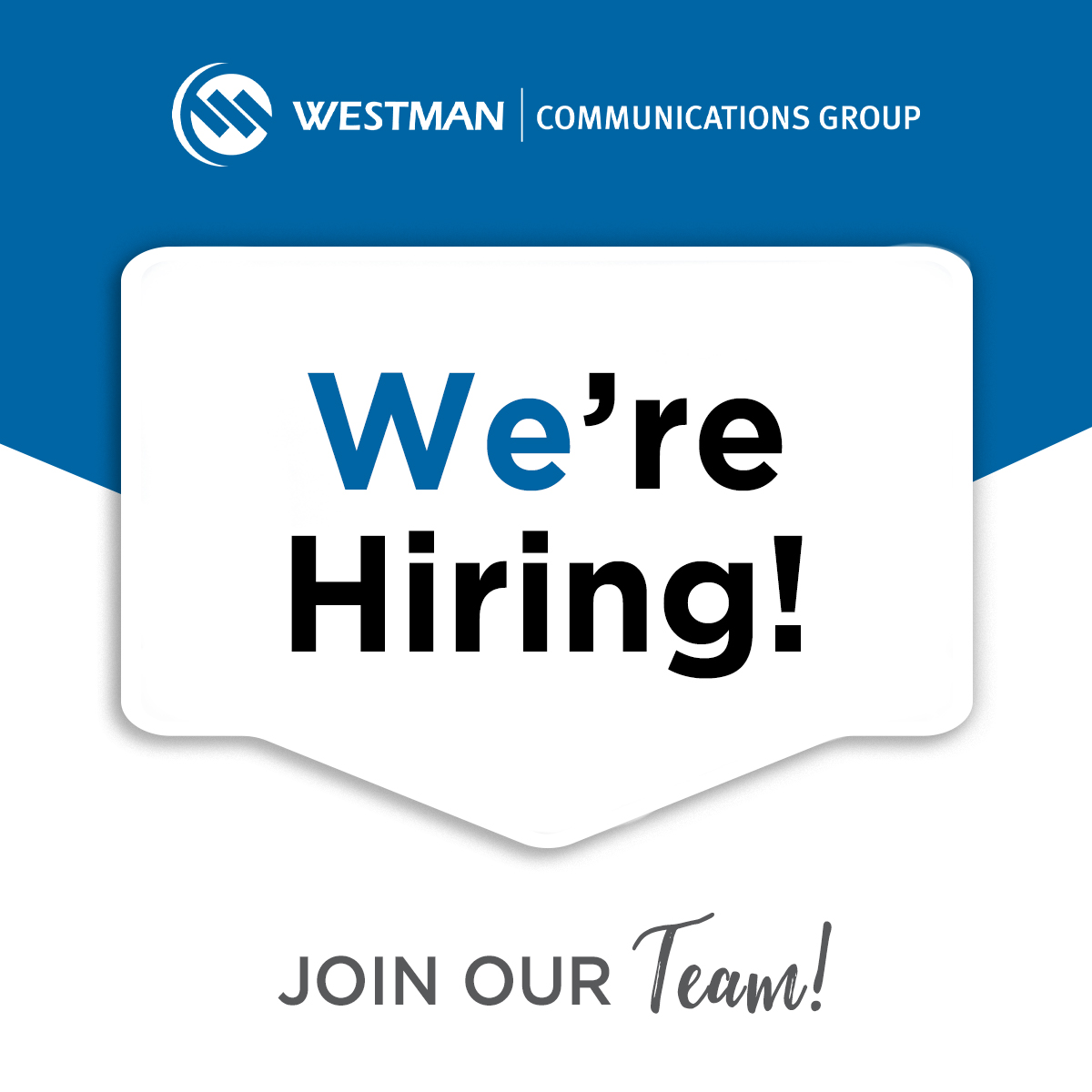 WestmanCom's tweet photo. We're hiring! 📌 We currently have the following opportunities available:
▪️ Team Lead, Residential Sales &amp; Service
▪️ Program Coordinator, WCGtv

For details or to view our career opportunities, visit https://t.co/Ka1Y1Fqwlz https://t.co/P4KUY35tid