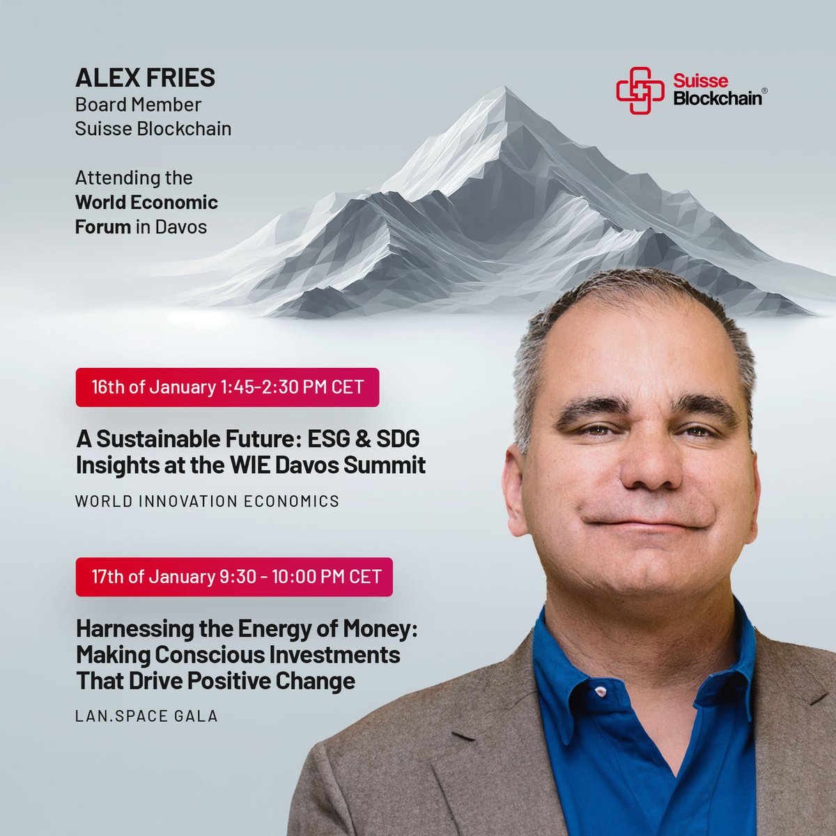 We're happy to announce that Alexander Fries, one of our board members, will be speaking at two significant panels taking place during the WEF. All details in the picture below 👇