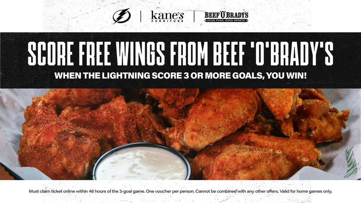 TBLightning's tweet image. With four goals in our game last night, fans can enjoy free chicken wings from Beef O'Bradys thanks to Kane's Furniture 🍗

Head to kanes3goals.com for more info!