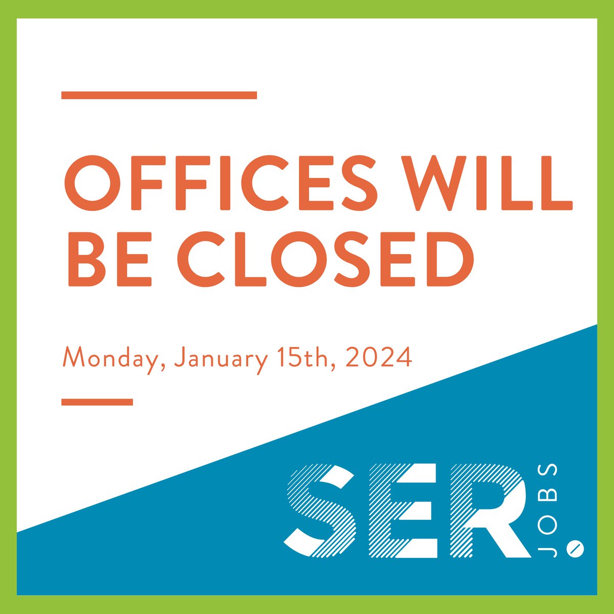 In honor of Martin Luther King Jr. Day, SERJobs offices will be closed on Monday, January 15th. We'll return to our regular operation hours on Tuesday, January 16th. Thank you for your understanding! 

#SERJobs #SERHouston #WhereOpportunityWorks
