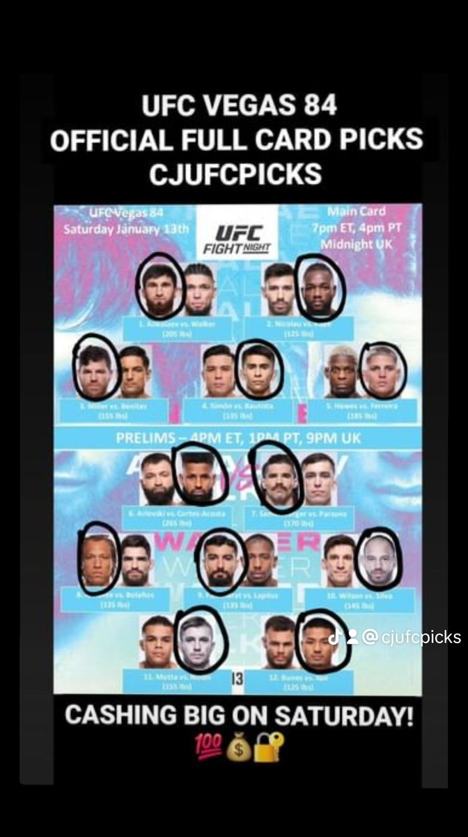 Here yall go. Here are my full card picks for this Saturday! #MMATwitter #GamblingX #ufcvegas84 #ankalaevvswalker  #ufcapex #ufcpicks #ufcpredictions #ufcvideo #ufchighlights #ufcpodcast #mmapicks #mmapredictions #fight #knockout #fyp #followme #cjufcpicks