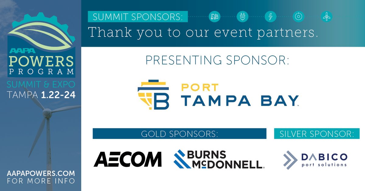 A heartfelt thank you to the generous sponsors of our upcoming POWERS Summit: Presenting Sponsor: @PortTampaBay; Gold Sponsors: @AECOM, @BurnsMcDonnell; Silver Sponsor: Dabico. 🔗Don't forget to register! bit.ly/POWERS2024 #AAPAPOWERS #SustainablePorts #ThankYouSponsors