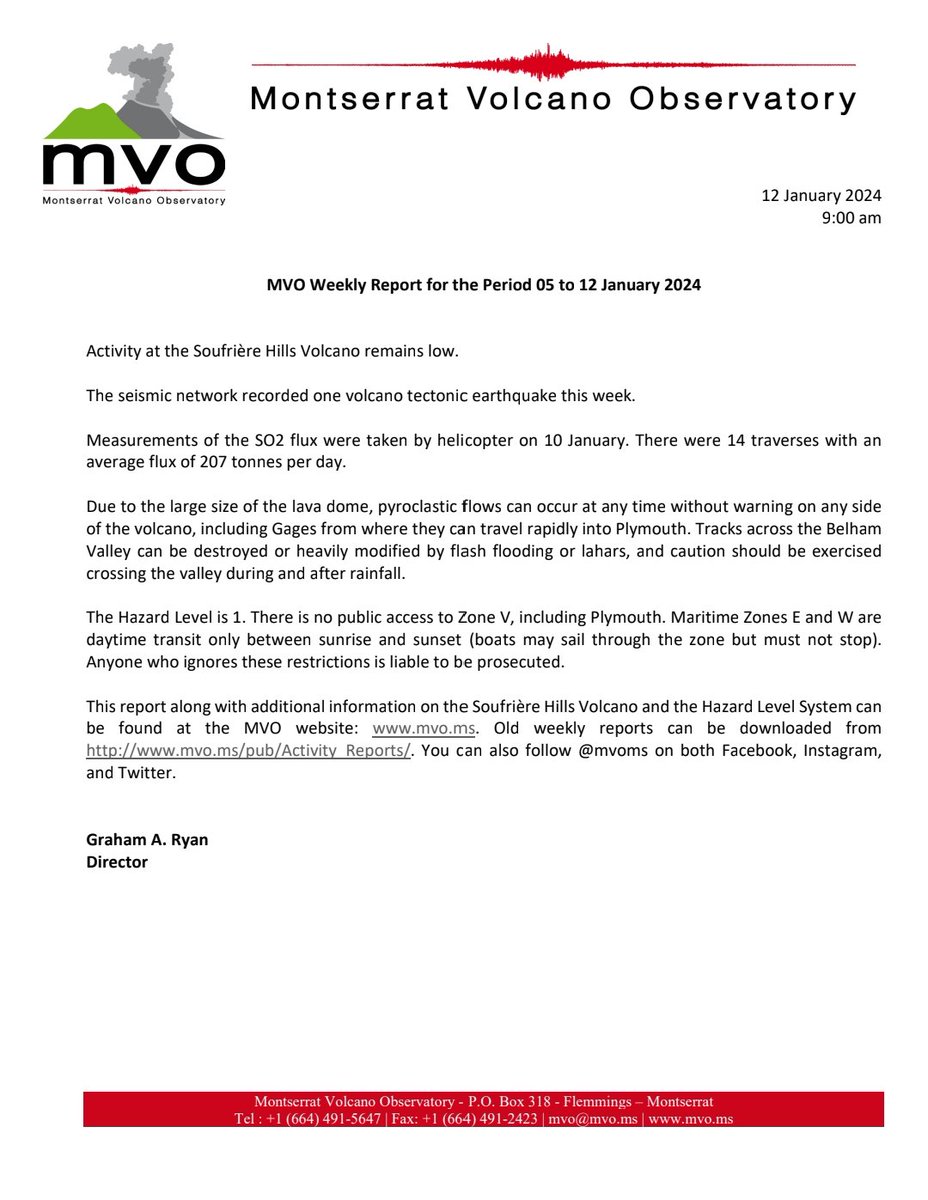 mvoms's tweet photo. #MVOWeeklyReport for the period 05 to 12 January  2024. This report along with additional information on the #SoufrièreHillsVolcano and the Hazard Level System can be found at the #MVO website: https://t.co/Rg7OEBPl1W. https://t.co/AyKbD0SA9W