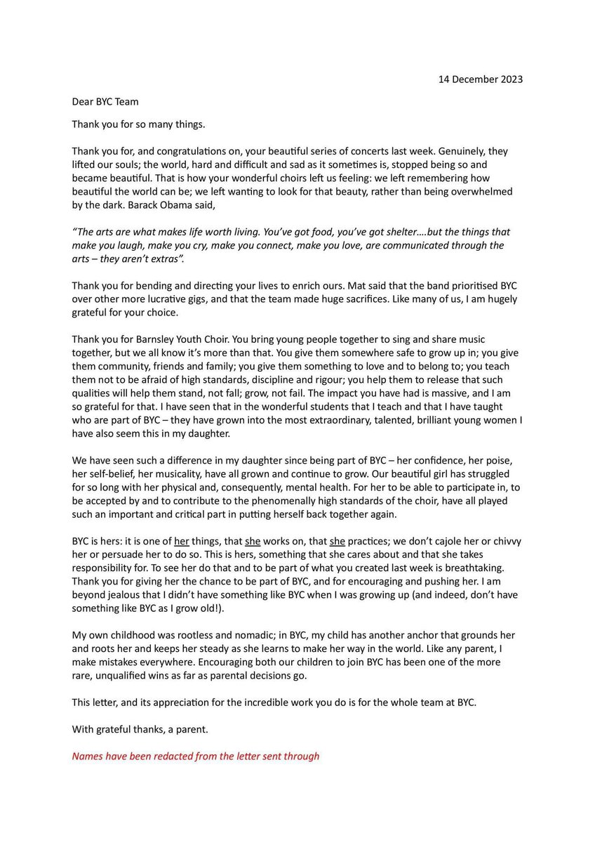 Barnsley Youth Choir (@barnsleychoir) on Twitter photo A letter from a parent that was so moving to read. We wouldnāt usually share a letter of thanks, but this captures the essence of our mission and our work. Thank you so much. <a href="/TheSixteen/">The Sixteen</a> <a href="/INTERKULTUR/">INTERKULTUR</a> <a href="/UK_Music/">UK Music</a> @MatWright5 <a href="/lukemather1993/">Luke Mather</a> <a href="/EleanorWright2/">Eleanor Wright</a> <a href="/KarenDavis107/">Karen Davis</a> A letter from a parent that was so moving to read. We wouldnāt usually share a letter of thanks, but this captures the essence of our mission and our work. Thank you so much. <a href="/TheSixteen/">The Sixteen</a> <a href="/INTERKULTUR/">INTERKULTUR</a> <a href="/UK_Music/">UK Music</a> @MatWright5 <a href="/lukemather1993/">Luke Mather</a> <a href="/EleanorWright2/">Eleanor Wright</a> <a href="/KarenDavis107/">Karen Davis</a>