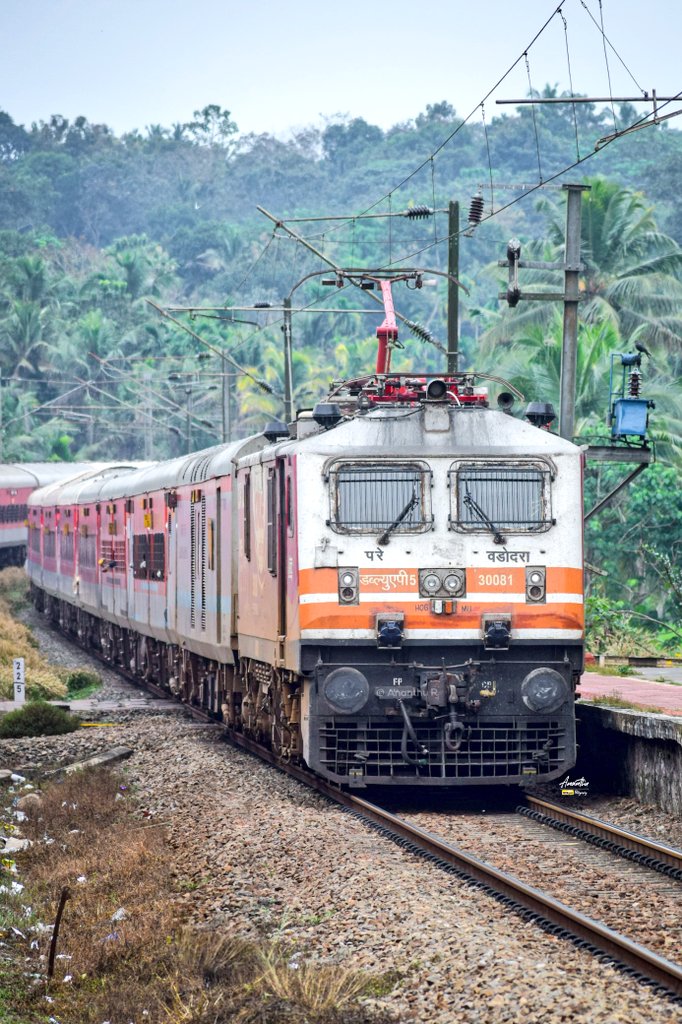 drm_tvc's tweet photo. Vadodara's pride, the WAP5, glides on tracks with electrifying vibes! Jamnagar Express meeting Netravati Express at Kanjiramattam.
#IndianRailways #LHB #Kerala #RailFanClick #TrainSpotting 
📸Ananthu R https://t.co/iwL2zWk00O