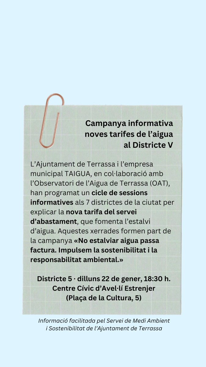 🚨 Notícies Districte V Terrassa

Campanya informativa noves tarifes de l’aigua. 

Districte 5 · dilluns 22 de gener, 18:30 h.
Centre Cívic d’Avel·lí Estrenjer
(Plaça de la Cultura, 5)

@tauladelaigua @ajterrassa