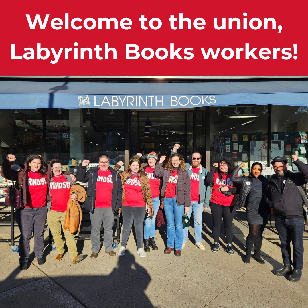 Welcome to the <a href="/RWDSU/">RWDSU</a>, <a href="/LabBooksUnion/">Labyrinth Books Union</a>! On the evening of January 10, the management of Labyrinth Books in Princeton, NJ officially voluntarily recognized the Labyrinth Books Union. Workers are excited to move forward into the collective bargaining phase! #1u