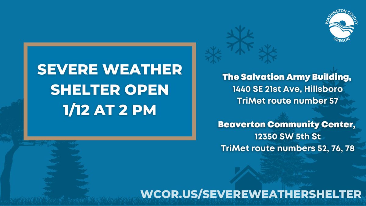 Washington County adds Severe Weather Shelter capacity 1/12/2023. Hot meals provided, no one turned away, &amp; pets okay. Walk up to Beaverton Community Center at 12350 SW 5th St or <a href="/SalvationArmyUS/">Salvation Army USA</a> at 1440 SE 21stAve, Hillsboro. Learn more: wcor.us/SevereWeatherS….