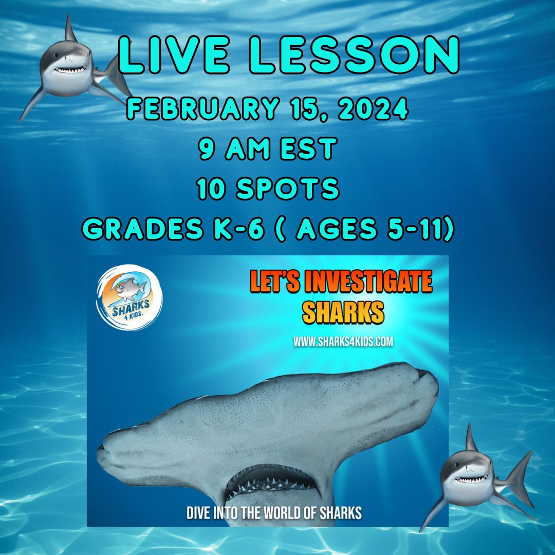 2 LIVE lessons 
Feb 15, 9 am EST
Intro to Sharks with @DrSharkyJenny 
Link to register forms.gle/muenMAvvJtXRat…

Feb 22, 1 PM EST
Shark Super Powers ( Adaptations) with Michelle Trigg
Link to register  forms.gle/eiX82ad5DRqt6E…

10 Camera Spots/lesson
Grades K-6 ( ages 5-11)