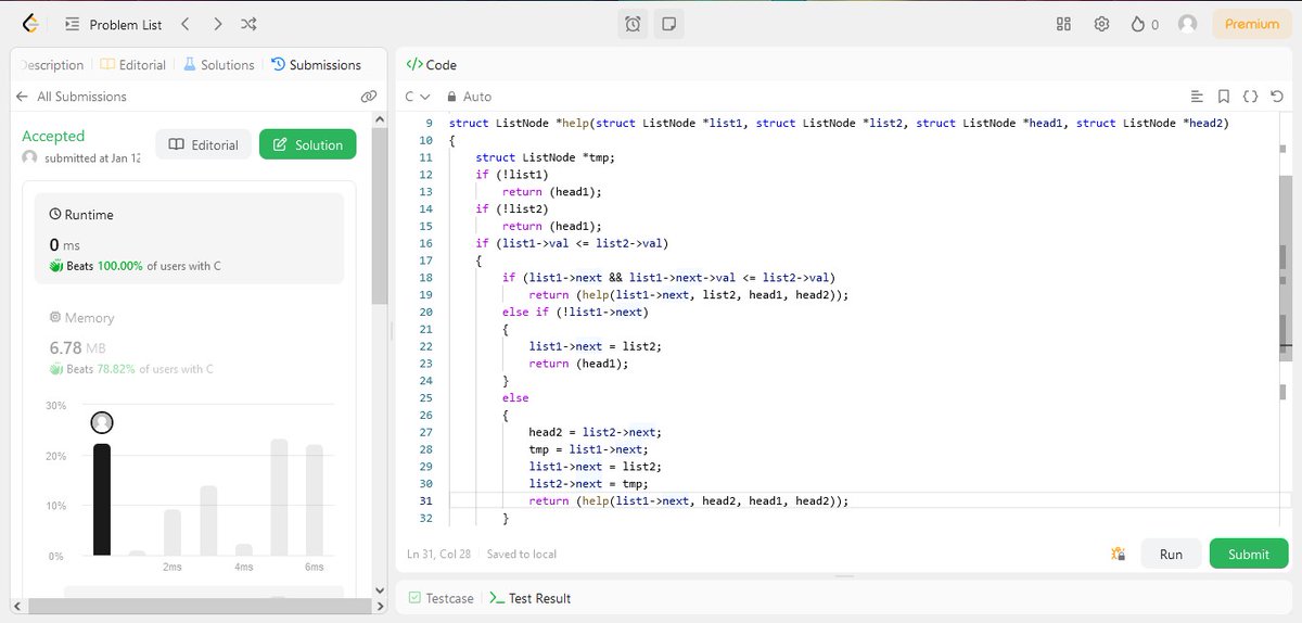 O_idhmaid's tweet image. Just cracked a merging two linked lists problem on LeetCode using recursion in C programming! 🚀 0ms runtime, breaking the loop trend! #CodingChallenge #LeetCode #RecursionMagic
@julienbarbier42