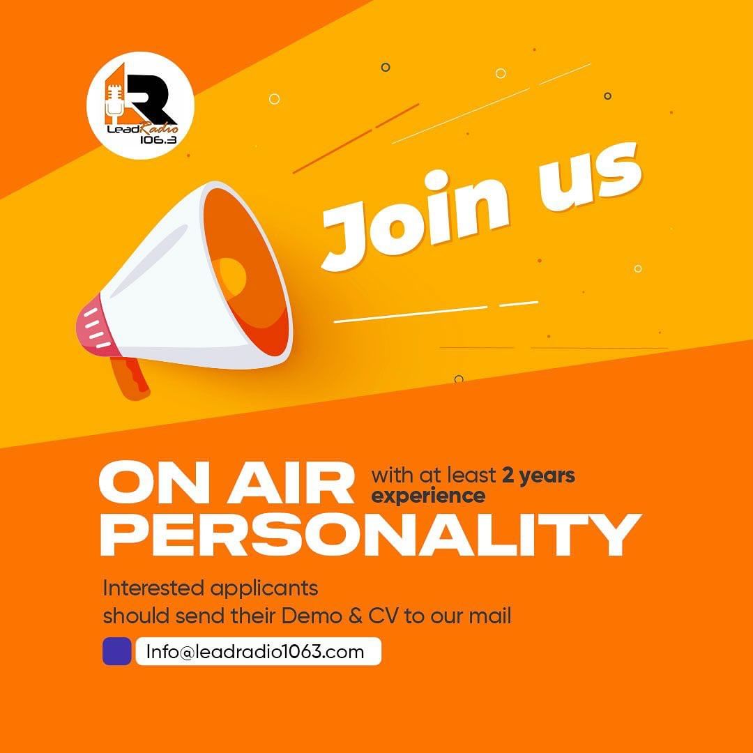 RadioTrackerNGR's tweet photo. #RADIOTRACKERNGR #JOBALERT
APPLY NOW!
Qualified Candidates should forward their CV to Info@leadradio1063.com with the position as the subject title.
#RadioTrackerNGR #RadioProgram #RadioShow #RadioSchedule #Radio #ListenLive #StreamRadio #RadioAndEverythingAttached https://t.co/fLF0zRsFKB