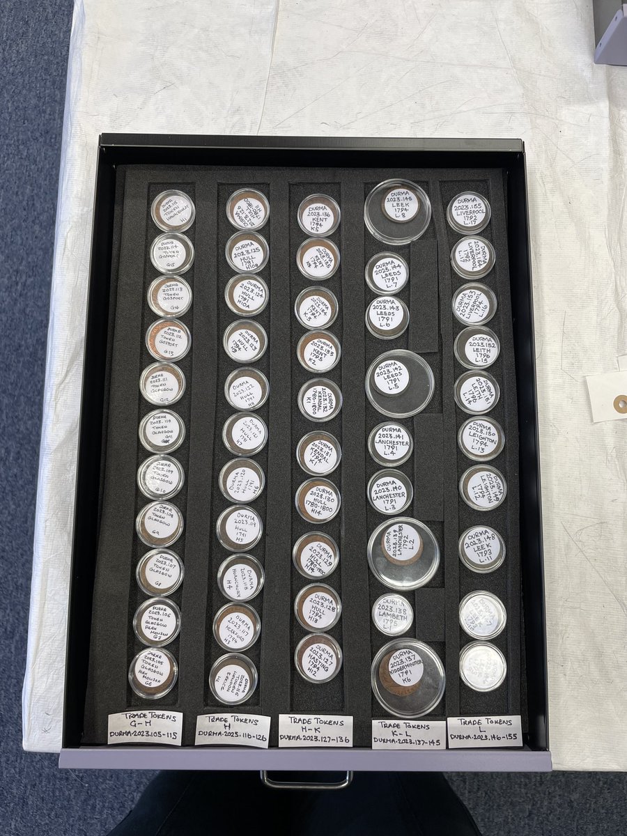 annarobsonarch's tweet photo. Have I mentioned that I love the material history of trade/condor tokens?!
A very unusual coin from Sudbury (c. 1793) with shot-like holes, and a very satisfying layout of our coin trays 🤩
#tradetokens #ducollections #archaeology https://t.co/Sb6KRcSqA7
