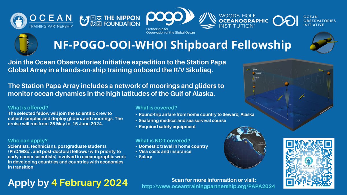 Call for applications: NF-POGO-OOI-WHOI Shipboard Training Fellowship onboard Station Papa cruise. mailchi.mp/1534f9dba992/p…