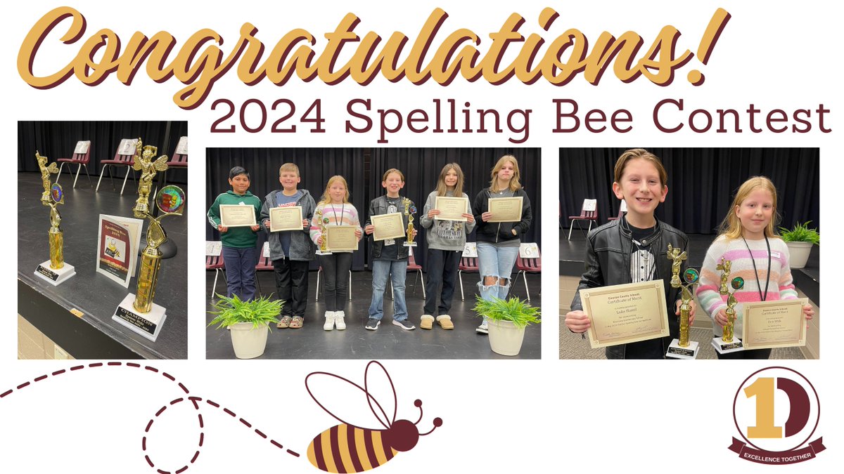 This morning, we held our 2024 District Spelling Bee. We have some incredibly smart students! Congrats to <a href="/RvES_Dawson/">Riverview Elementary</a> 5th grader, Luke Hamil, for winning the contest with the word "criteria" and runner-up from <a href="/KEScougars1/">KES</a>, 4th grader, Evie Wilk.