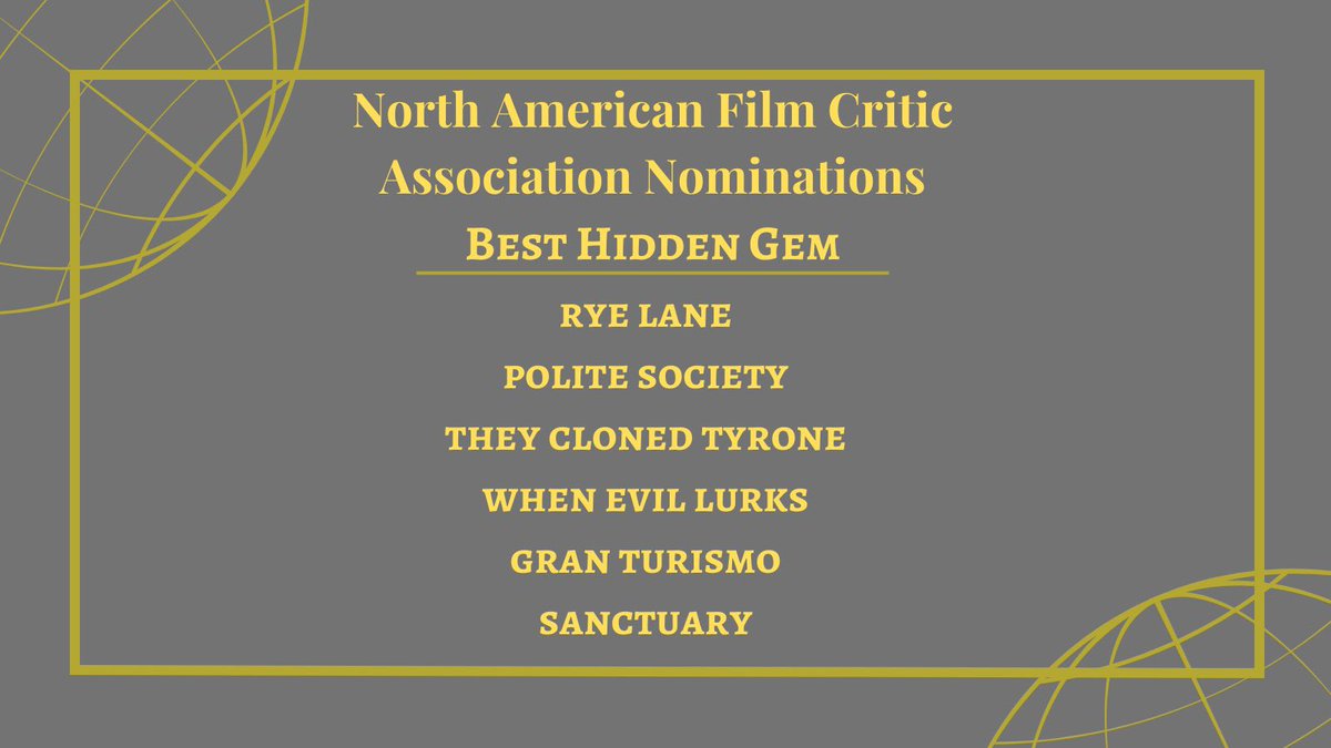 The #NAFCA nominees for Best Hidden Gem 💎 

- #RyeLane 
- #PoliteSociety 
- #TheyClonedTyrone 
- #WhenEvilLurks 
- #GranTurismo 
- #Sanctuary