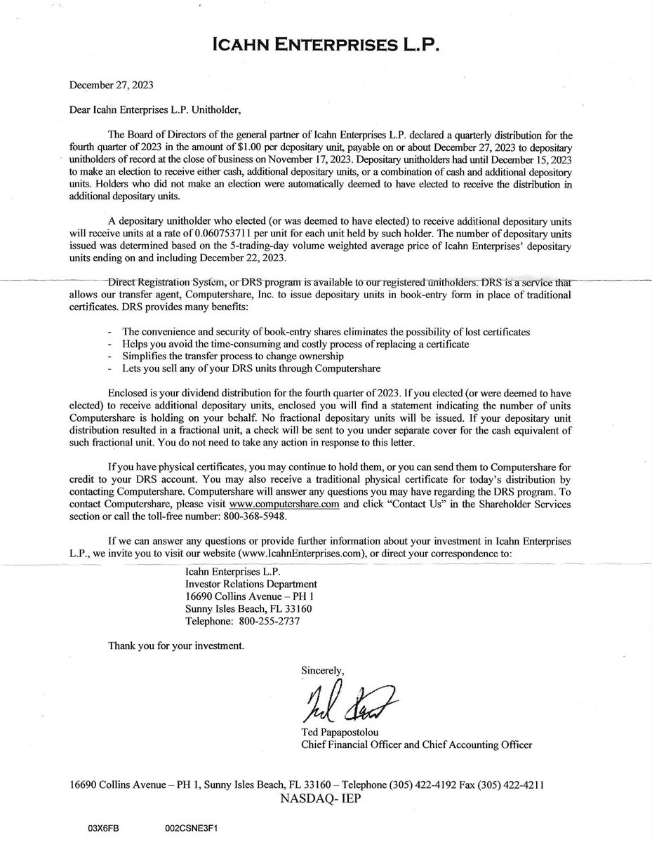 YonDude2's tweet image. $IEP can only be held in book form through Computershare. No dividend reinvestment plan is offered and no fractional shares are issued. Seems like the company puts great value on #DRS shares being in book and not plan. #GME #BBBYQ