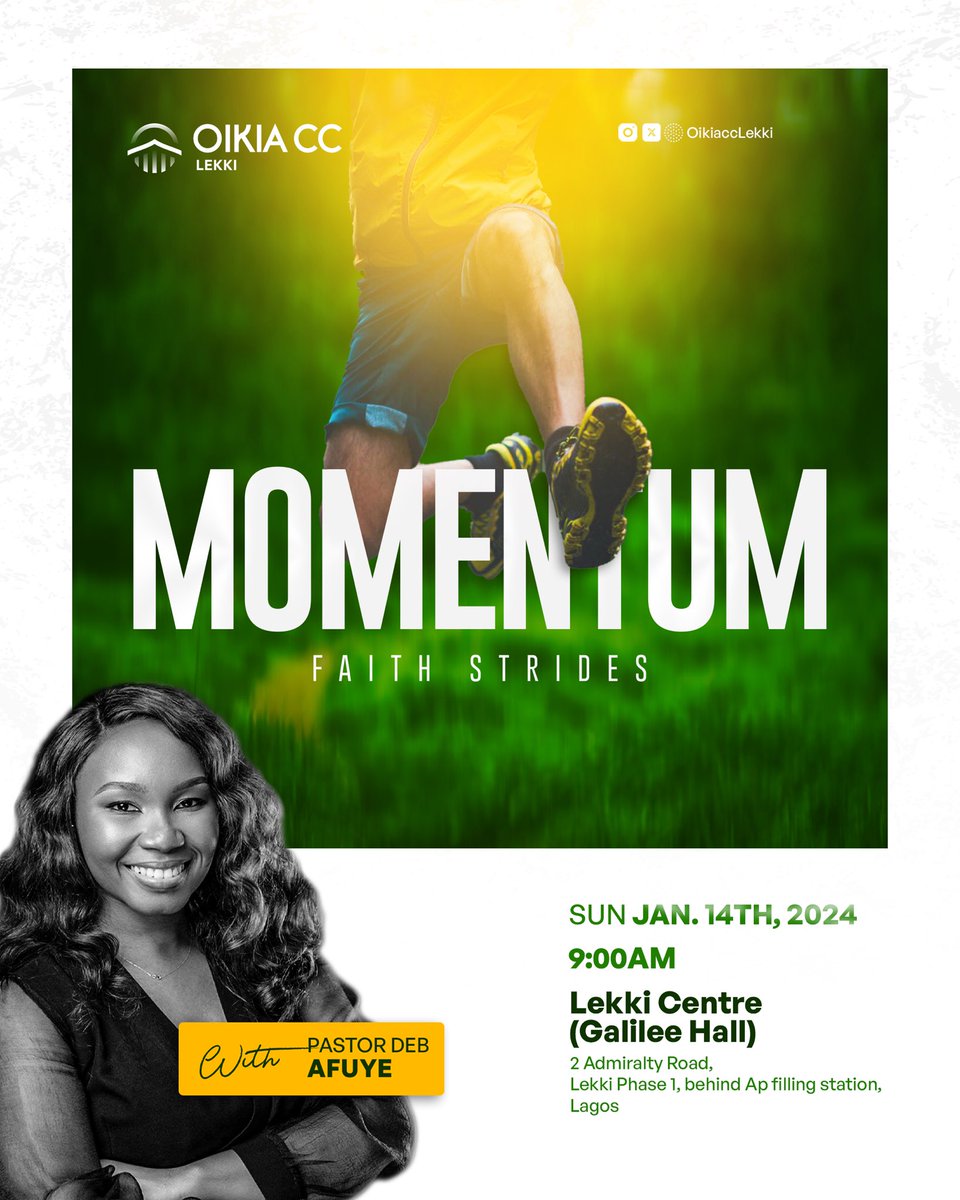 OikiaCCLekki's tweet photo. Faith is not just believing; it is moving forward with conviction!!

This Sunday, get ready to turn your belief in God's word into bold and unstoppable strides of faith.

Join our service at Lekki Centre (Galilee Hall), No. 2 Admiralty Road, Lekki Phase 1 at 9am. https://t.co/Kdj1hoLPFa