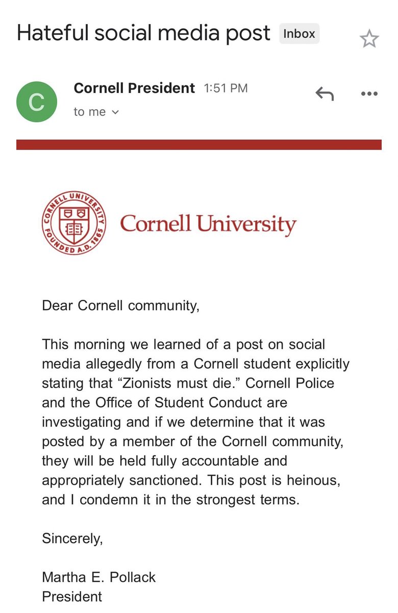 StopAntisemites's tweet photo. Cornell University - yet another troubling incident as student Maria Lima Valdez allegedly posted "Zionists must die" on her Instagram story.

President Martha Pollack sent out a communication to students yesterday stating police are investigating. 

If true, expulsion and criminal charges are a possibility.