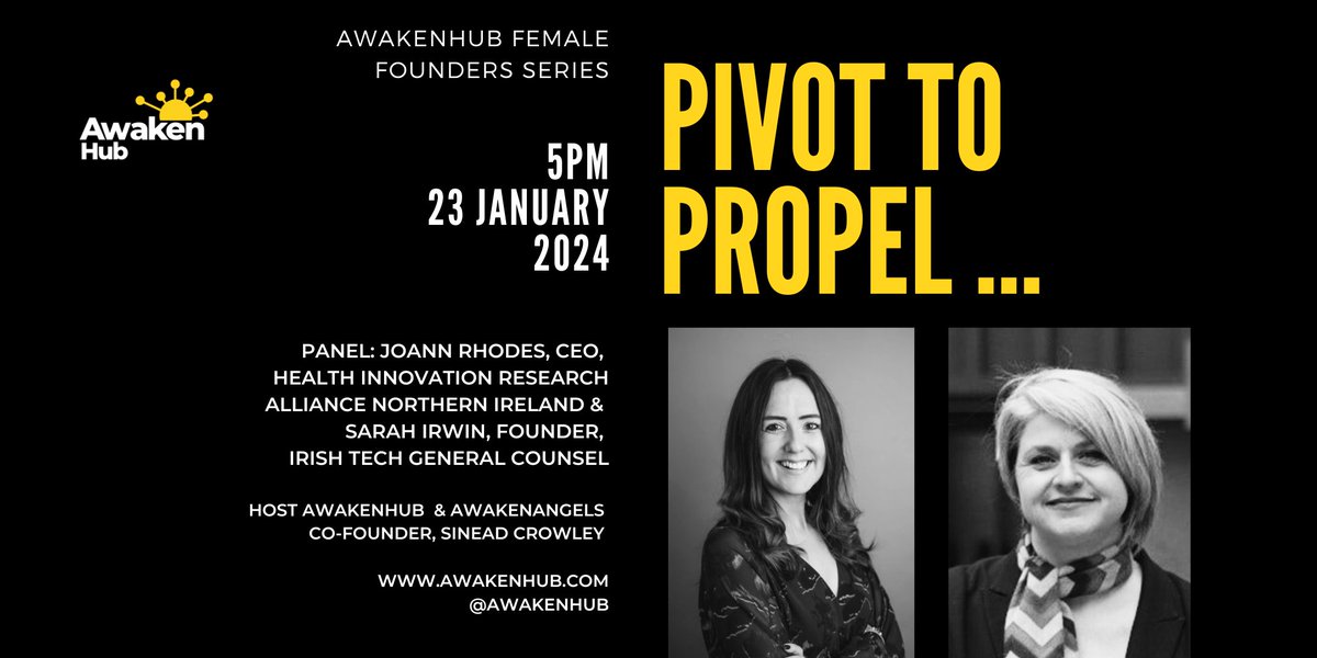 Before you shut up shop for the w'end be sure to RSVP for our 1st #AwakenHub online community event of 2024 23 January 5-6.15pm with @SarahIrwin_Eire and @JoannRhode5 All about the #Pivot to #Propel One for #StartOuts #StartUps #ScaleUps RSVP awakenhub.com/events-2/pivot…