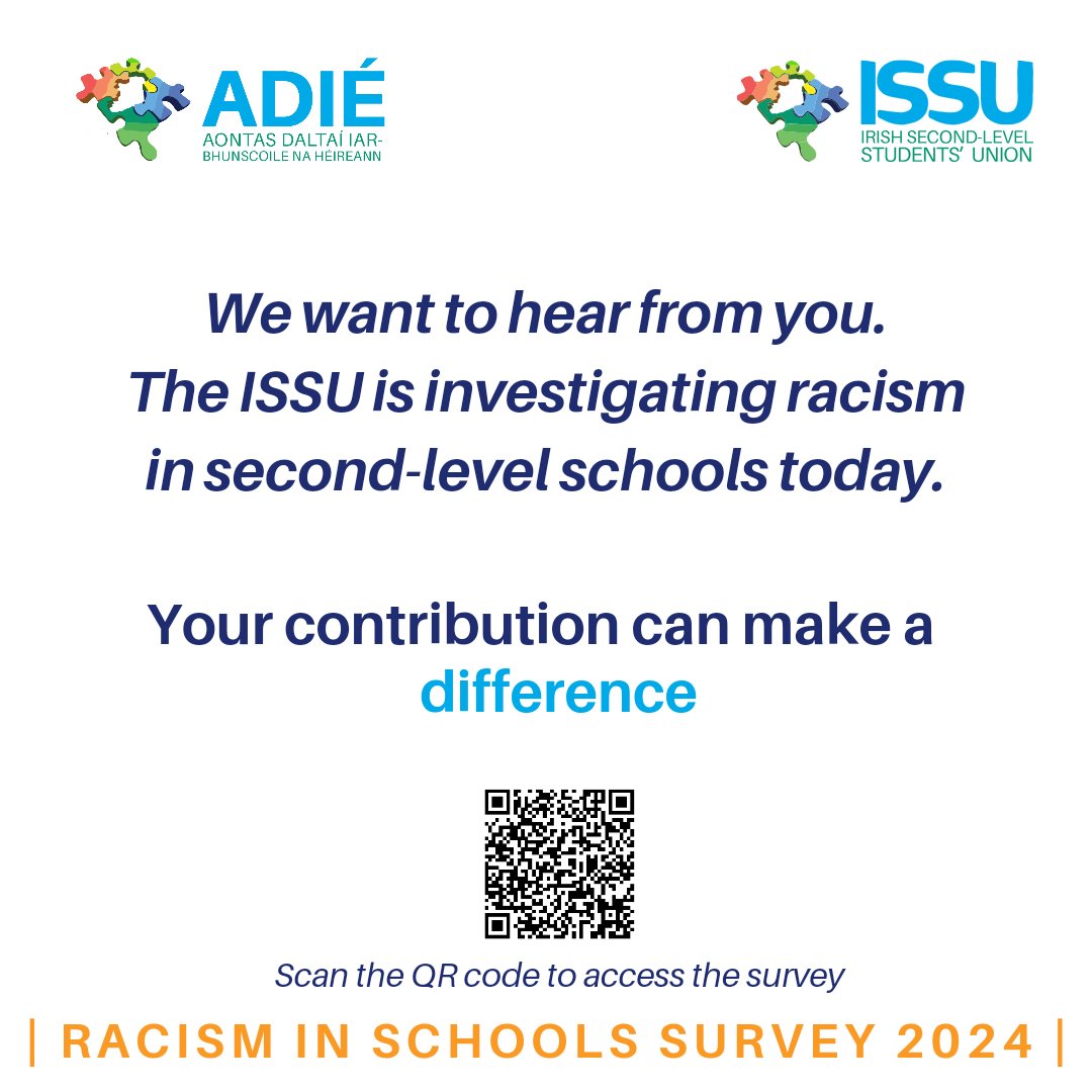 Irish Second-Level Students' Union (ISSU) (@issu4u) on Twitter photo Racism in schools survey 2024
We're asking students across Ireland what their experience of racism in secondary schools has been.
Have you experienced racism in school?
Responses to the survey can be made here: surveymonkey.com/r/HKB663J
<a href="/Education_Ire/">Department of Education and Youth</a> <a href="/spunout/">spunout.ie</a> <a href="/_IHREC/">Irish Human Rights & Equality Commission</a>
#ISSU4U Racism in schools survey 2024
We're asking students across Ireland what their experience of racism in secondary schools has been.
Have you experienced racism in school?
Responses to the survey can be made here: surveymonkey.com/r/HKB663J
<a href="/Education_Ire/">Department of Education and Youth</a> <a href="/spunout/">spunout.ie</a> <a href="/_IHREC/">Irish Human Rights & Equality Commission</a>
#ISSU4U