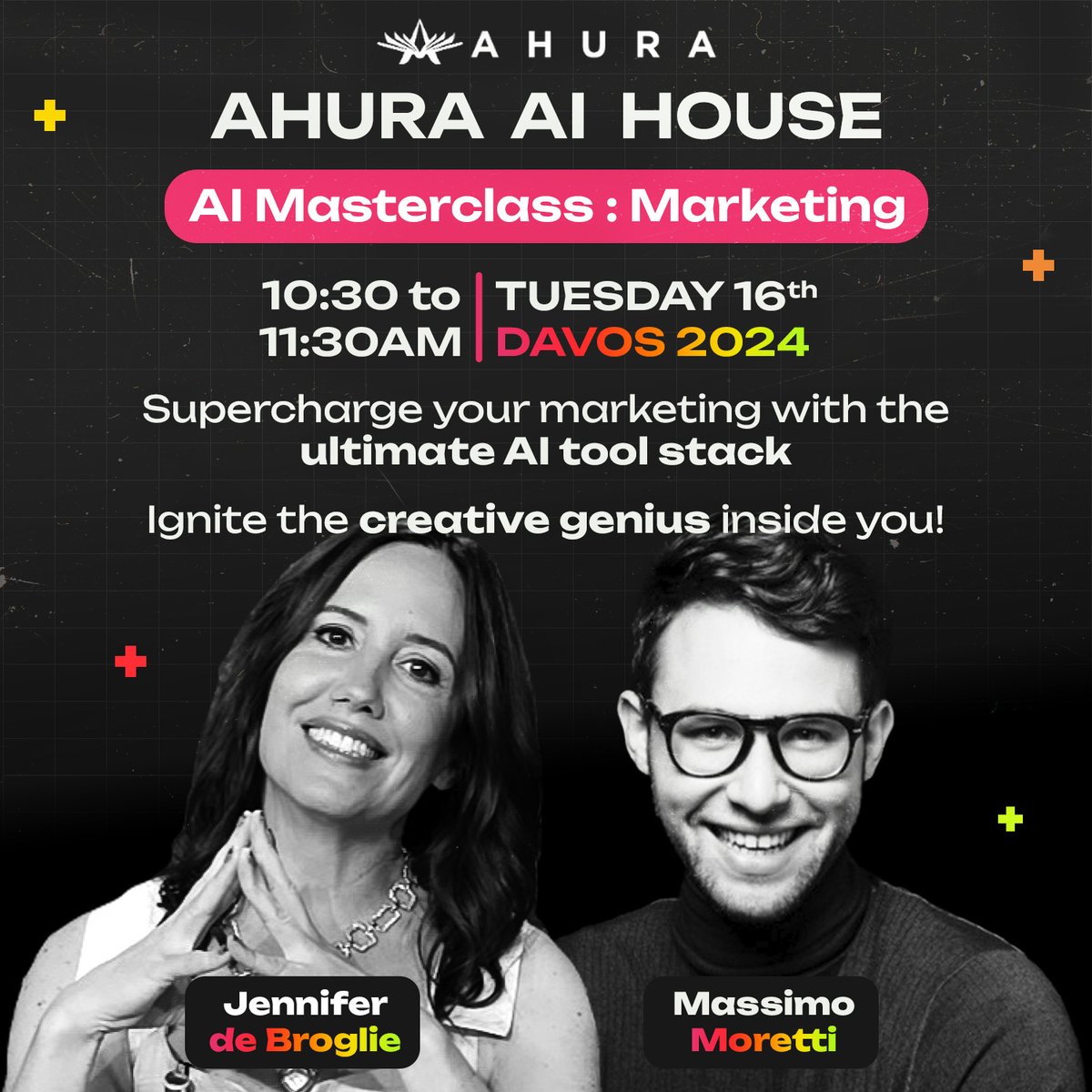 #WEF2024 ! 🚀 AI MARKETING MASTERCLASS
#AI tips &amp; tools to use NOW to supercharge your #marketing ! Join Massimo Moretti and me at the <a href="/AhuraAi/">Ahura AI</a>  House this Tuesday morning for AI Marketing #LikeABoss 

Limited seats, so register here ASAP: ➡ lu.ma/4ulwsr1m