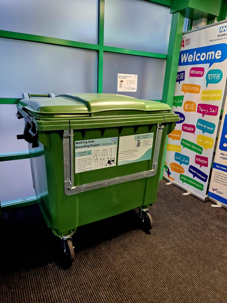 physjo's tweet image. To encourage more #recycling and a greener #nhs our new walking aid recycling bin received its first items today 👏👏 @Airedaleahps @SleddingFreya @lmoloney3 @AiredaleNHSFT